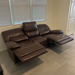 Brown leather, double recliner sofa