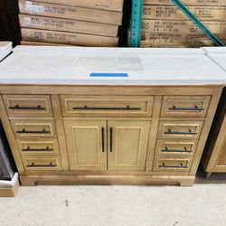 54” Bathroom Vanity in teak , single sink soft close solid wood with vanity top in white  $849 
