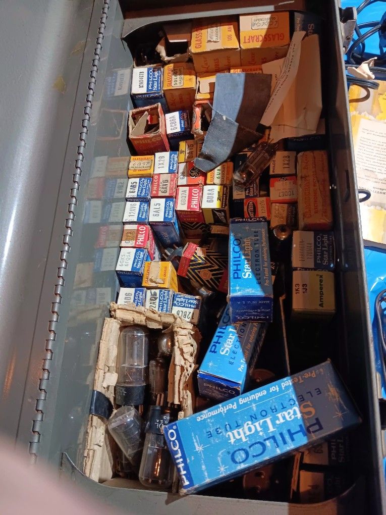 TOOL BOX FULL OF TV TUBES IN PACKAGING