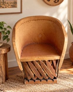 Rustic Barrel Chair with wood slats and pigskin/leather-sturdy and unique