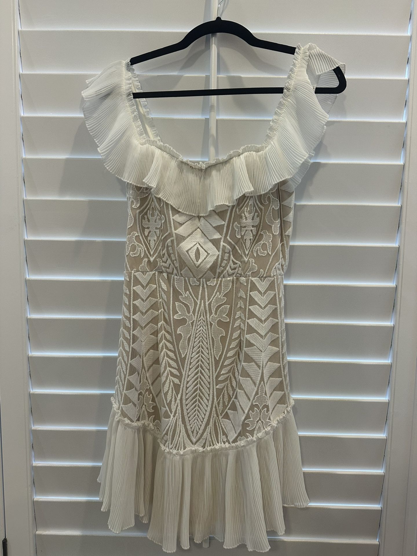 Saints and Secrets white lace off the shoulder dress, size M