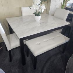 Brand New White Faux Marble Dining Table (48"×30"×30"H) + 3 White Faux Leather + Bench