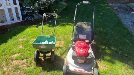 Honda mower and Scott’s spinner spreader