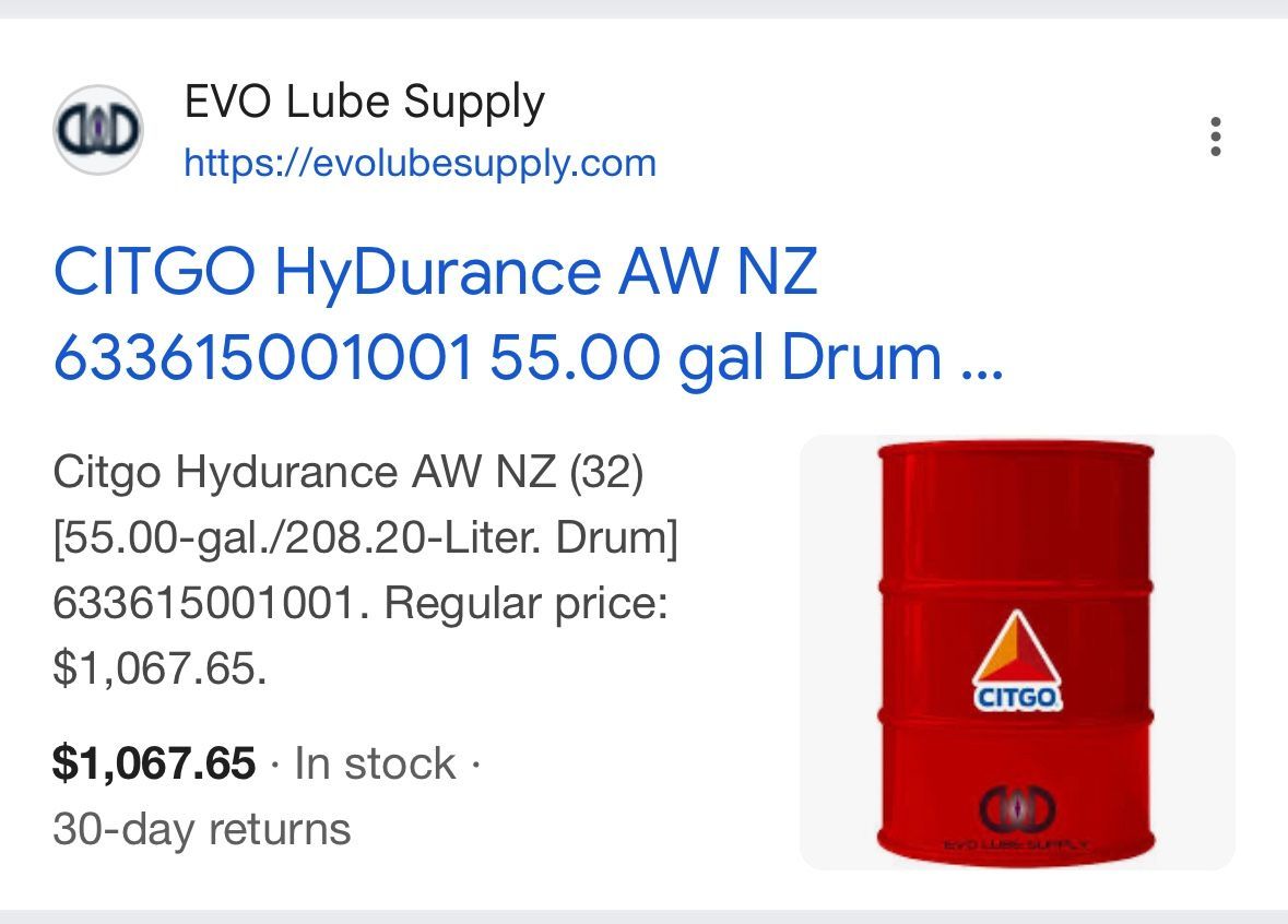 Citgo Hydurance AW 32 NZ (non-zinc) Hydraulic Oil