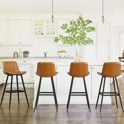 Set of 4 YB-028-01 Whiskey Brown 30 in. H Low Back Metal Frame Cushioned Counter Height Bar Stool with Faux Leather seat 