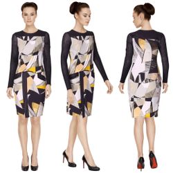 Helmut Lang abstract Cubist geo print long sleeve drop waist crepe dress size P