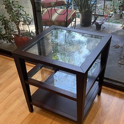 3 Tier Dark Wood End/Side Table with Glass Shelves