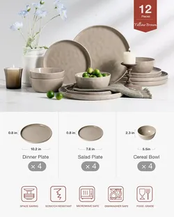Famiware Mars Stoneware Dinnerware Set for 4, Cinnamon Brown
12-Piece Plates and Bowls Set. Microwave & Dishwasher Safe. Scratch and Chip Resistant