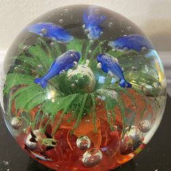 Large Murano Glass Style Tropical Reef Fish Aquarium Orb Paperweight 5”