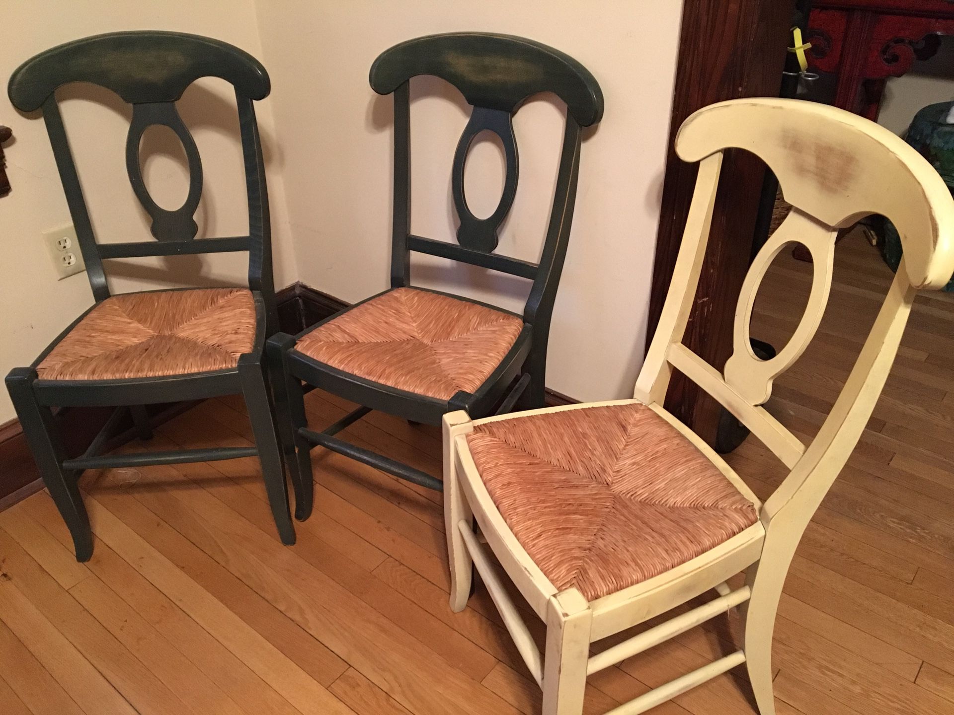 Pottery Barn Napoleon wood/rush seat side chairs (3)