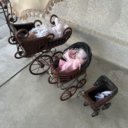Vintage Antique Victorian Doll  Stroller Buggy Carriage Wood  Wicker Metal Decor