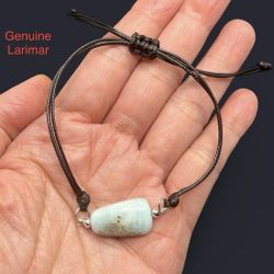 Larimar Genuine Stone Handmade Adjustable Wax Cord Bracelet