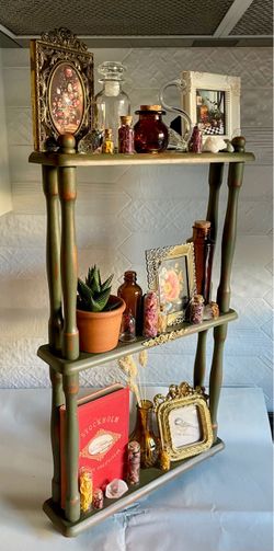 Vintage Upcycled Rustic Green 3-Tier Wooden Spindle-Leg Display Shelf