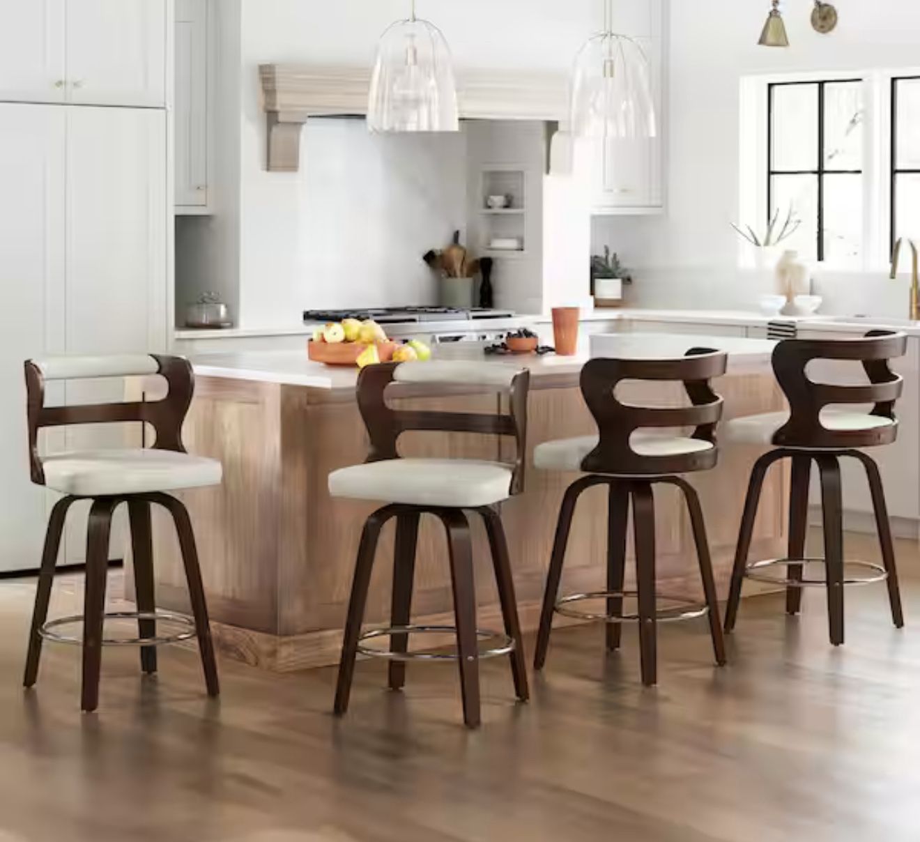 Arabela 26 in. Beige Gray Solid Wood Swivel Bar Stool Faux Leather Kitchen Counter Stool with Walnut Frame Set of 4