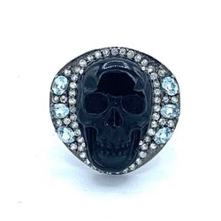 Exclusive 925 Sterling Silver Black Diamond Cubic Zirconia Skull Rocker Ring