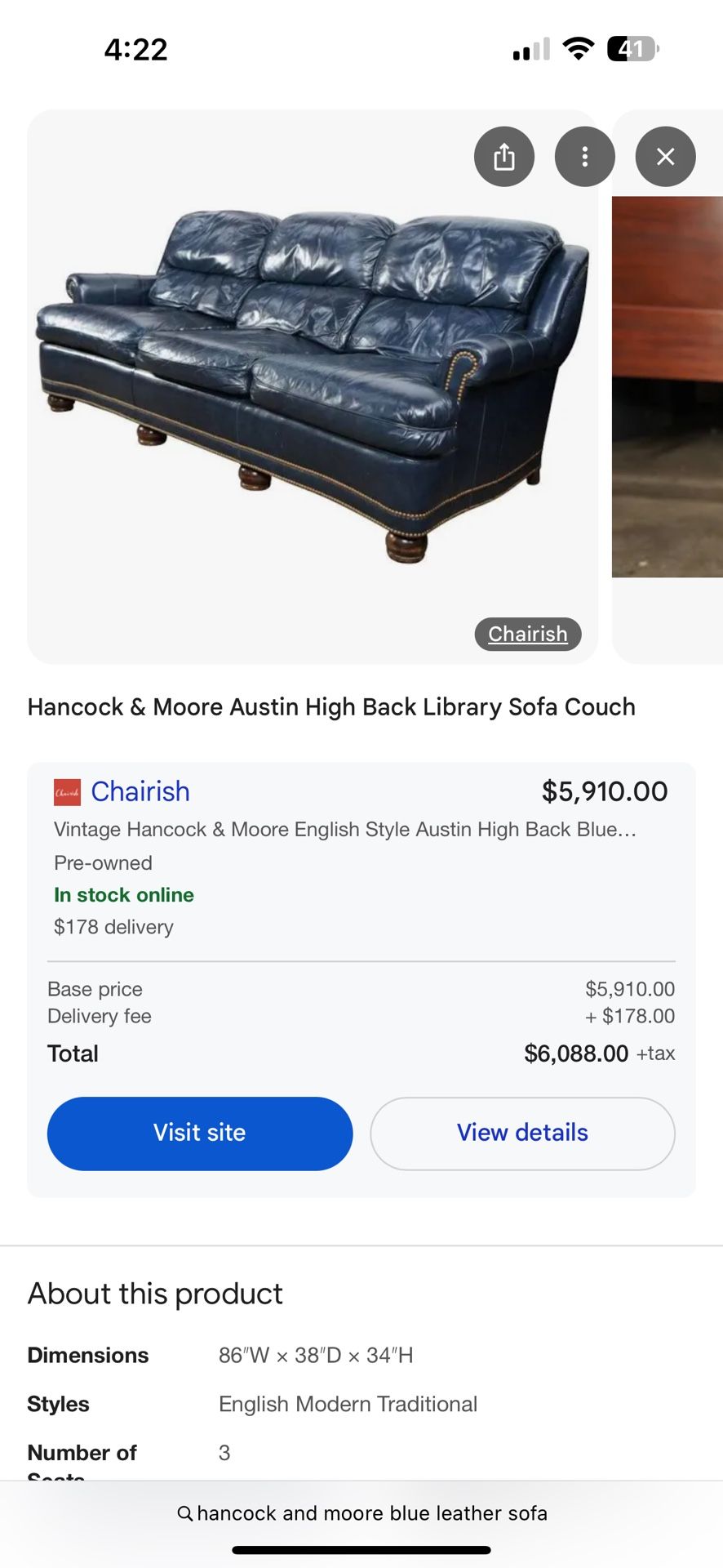 Gorgeous Hancock and Moore Dark blue Leather Sofa And Chair