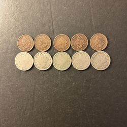 Coins – 5 different Date Indian pennies and 5 different Date Liberty V nickels – Total 10 coins $37