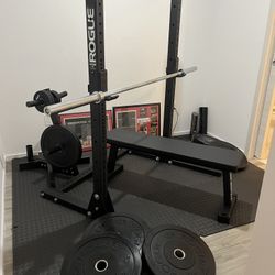 Full home gym with Rogue Bumper Plates, squat Stand, And Bench