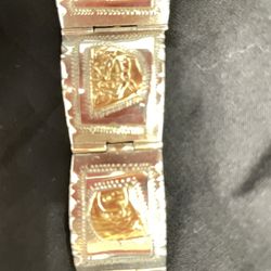 Vtg Sterling Silver Panel Bracelet 43.37g Fine Jewelry Gold Plated Accents Mayan