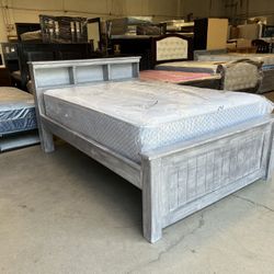 Gray Queen Bookcase Bed And Bamboo Mattress 