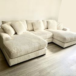 Cream White Corduroy Chaise Sectional 