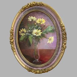 Vintage Floral Still Life Painting Signed By E Manning Yellow Daisies In Glass