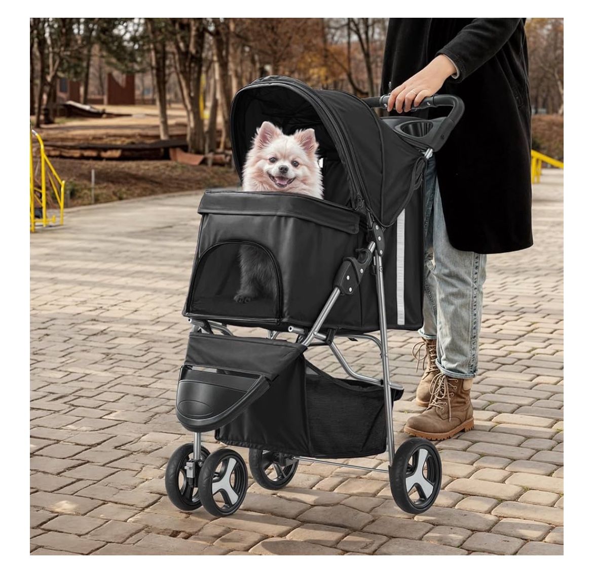MoNiBloom Foldable Pet Stroller with Weather Cover, 3 Wheels Pet Strolling Cart for Small/Medium Dogs and Cats with Storage Basket and Cup Holder, Bre