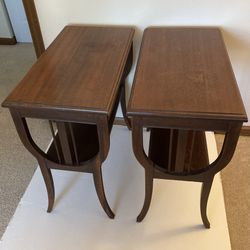 Set/2 Antique Leavens of Boston Wood Lyre Side Tables w/shelves