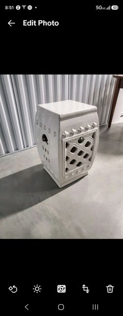 Vintage White Ceramic Garden Stool Square Porcelain Accent Table Plant Stand