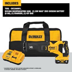 DCS368W1 DEWALT XR POWER DETECT 20vMax Variable Speed Brushless Recip Saw w 8Ah battery & charger