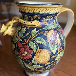 Large Italian Deruta Majolica Ceramic Floor Pitcher, "Frutti Blu" Pomegranate Pattern 