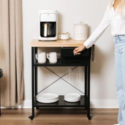 Kitchen Island Cart, Storage, Black Base
Solid wood rolling cart, pine top, 2 drawers, shelves, wine rack, mobile