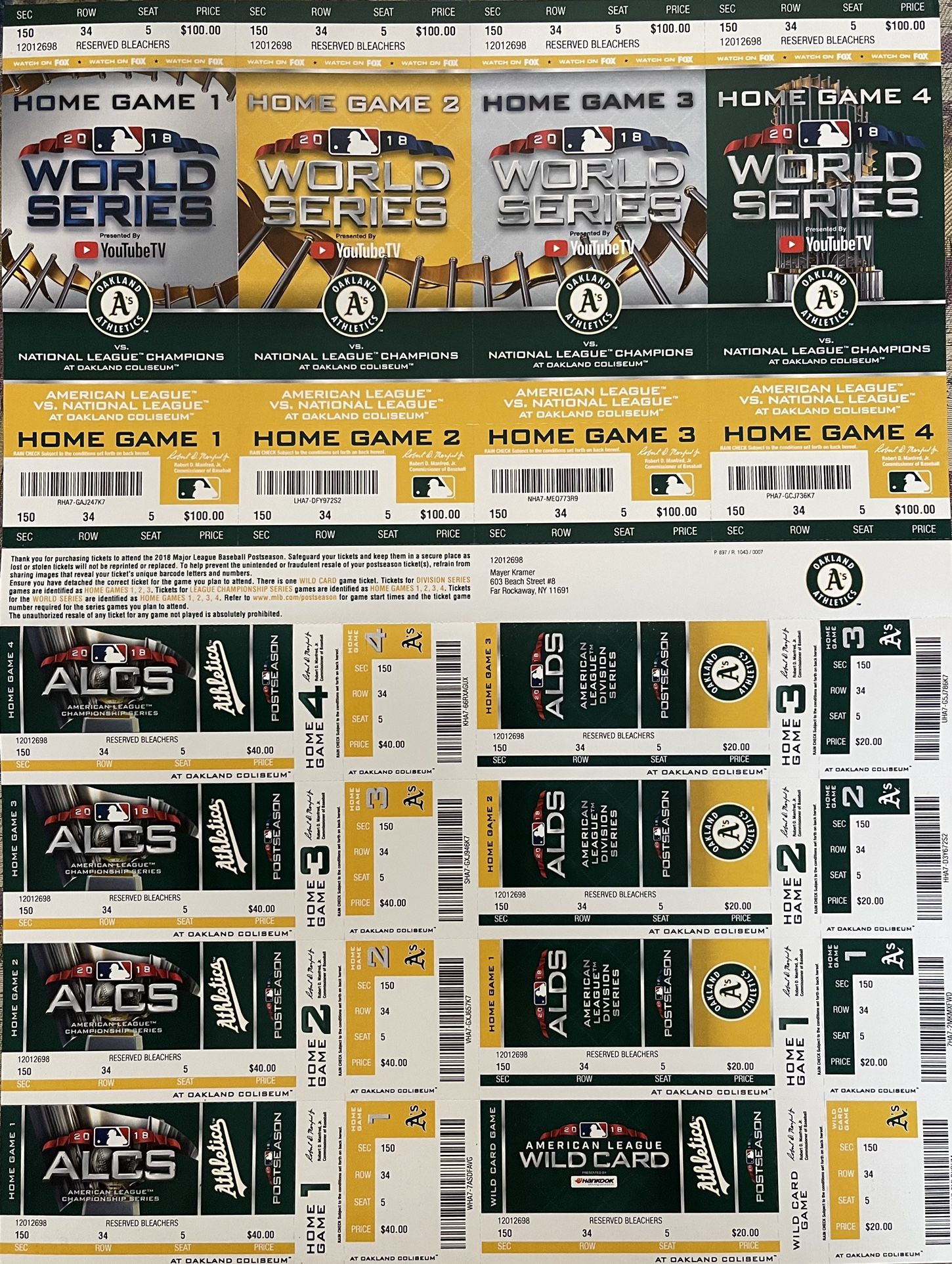 2018 Oakland Athletics Complete Playoff Ticket Stubs Uncut Sheet!