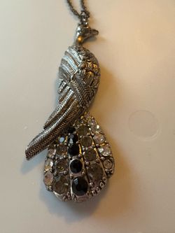 Vintage Long Peacock Necklace Silver Tone