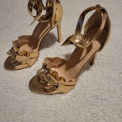 WOMENS CHASE & CHLOE BOW STILETTO METALLIC HEELS GOLD WITH ANKLE STRAP SIZE 8