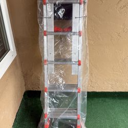 17ft Multi-Use Telescoping Ladder with  Tray, Heavy-Duty A-Frame Design, 330 lbs Weight Capacity, Red & Black Metal Ladder for Indoor 