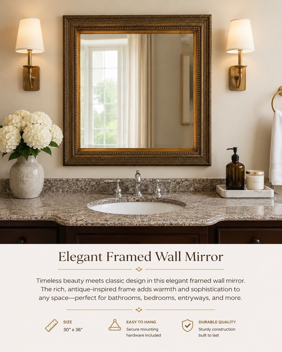 Vintage Ornate Framed Wall Mirror – 30” x 36” | Elegant Bronze & Gold Accent Mirror