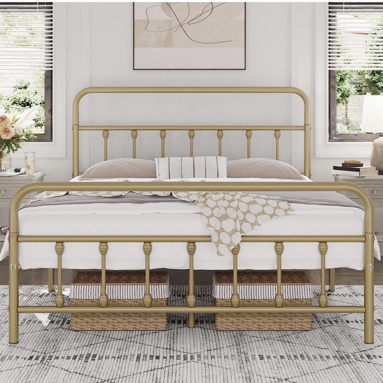 Classic Metal Platform Bed Frame Mattress Foundation with Victorian Style Iron-Art Headboard/Footboard/Under Bed Storage No Box Spring Needed Full Siz