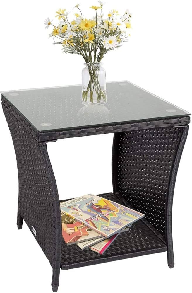 Wicker Side Table for Patio , PE Rattan Outdoor Small End Table with Square Glass Top, Bistro Coffee Tables with Storage Shelf for Garde