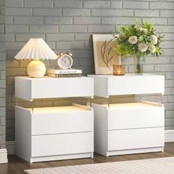 White LED Nightstand Set of 2,Night Stand Set 2,Modern Night Stand with 3 Drawers,