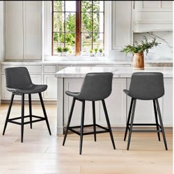 Set of 3 Modern Grey Faux Leather 24” Counter Height Bar Stools – Brand New – $100