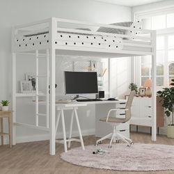 Twin size Loft Bed Frame for Juniors&Adults, Metal Loft Bed Twin Size with Safety Guardrail & Removable Ladder, Space-Saving, Noise Free, Matte White