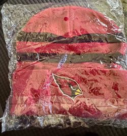 Original NEW Arizona Cardinals NFL Red Black Striped Knit Beanie Hat with Captain Morgan logo.