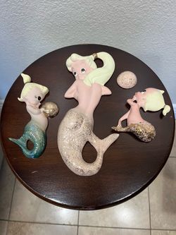 Vintage 1950s Freeman McFarlin Mermaids Set of 3 w/Bubble Wall Plaques Ceramic