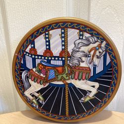 Vintage Carousel Horse Round Tin Box 6.5” x 2”