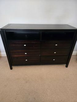 Dark Wood 6-Drawer Dresser with Open Shelves