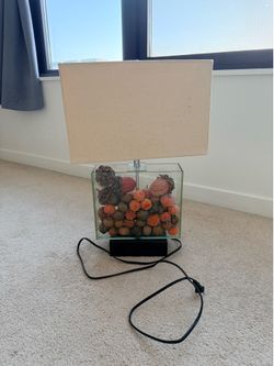 Fillable Glass Table Lamp with Pinecones & Botanicals – Linen Shade