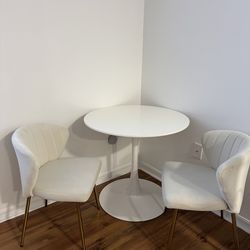 White Round Dining Table with 2 Cream Velvet Chairs