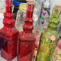 2 Red And 1 Green Vintage Bottles Decorative
