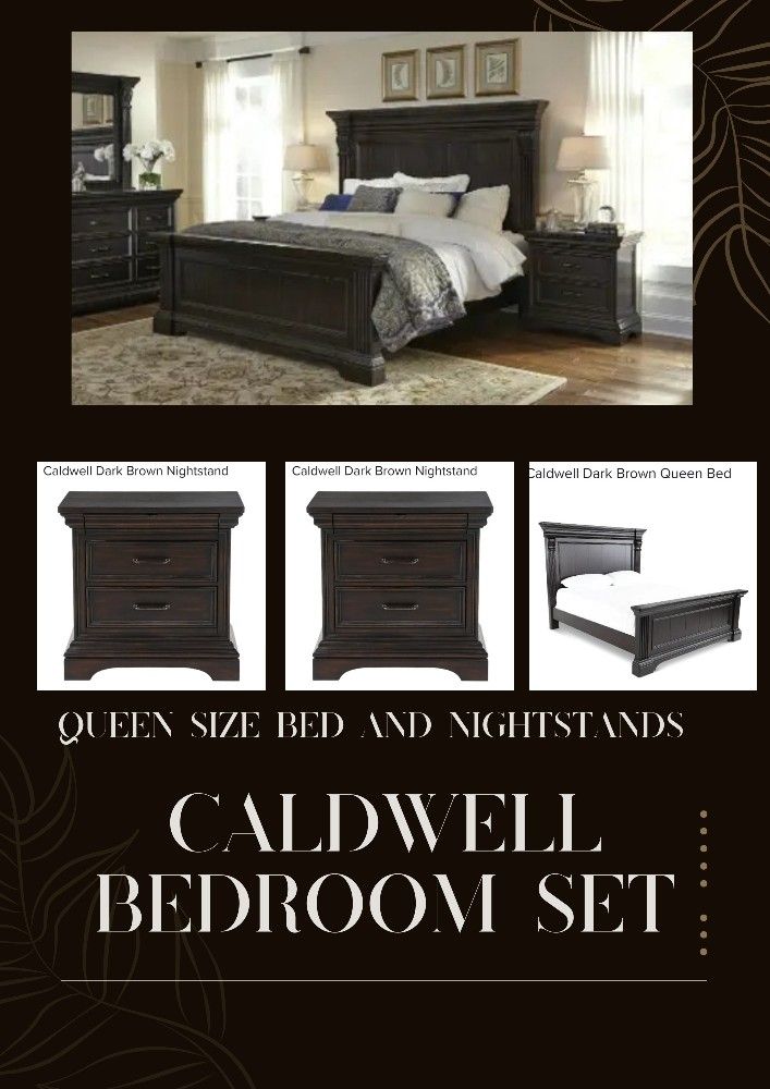 🔥 Caldwell Bedroom Set — Queen Bed & Nightstands — Dark Brown Elegance! 🔥